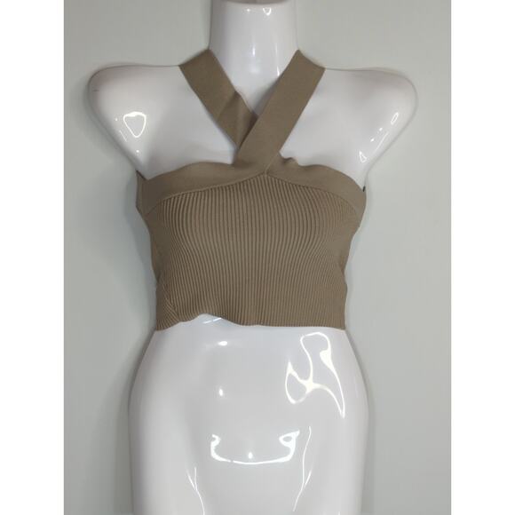 Babaton Saville Tan Sculpt Knit Criss Cross Cropped Tank Womens XS Halter Top - Picture 3 of 10